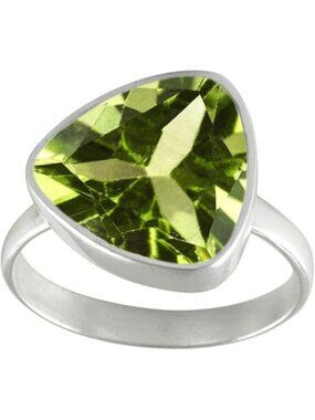 Natural-faceted Peridot Gemstone Ring Trillion Shape Silver Faceted Ring